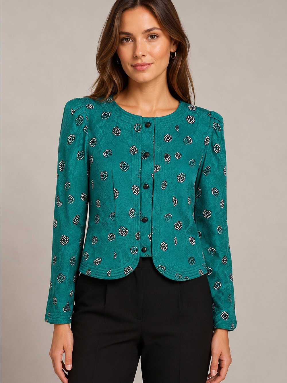 Vintage Maggy London 100% Silk Teal Printed Button-Front Blouse Size 6